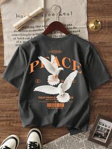 男士个性鸽子标语印花短袖T恤，舒适透气，适合夏季，引领时尚 - 深灰色 - 查看 5