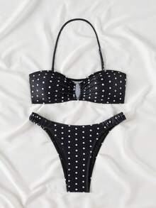 女士性感黑色圆点比基尼套装 - 黑與白 - 查看 5