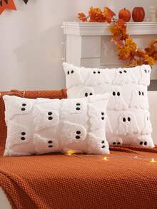 Halloween Decorative Throw Pillow Cover, Ghost Design, Suitable For Thanksgiving, Harvest Season, Living Room, Bedroom, Party, Plush Quilted Embroidery,Fall Decor,Autumn Decor,Room Decor - Black - View 3