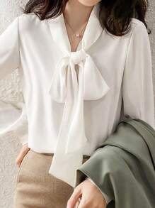 Camisa de mujer, nueva temporada, estilo profesional, camisa blanca de gasa con lazo, manga larga de gasa. - Blanco - Ver 1