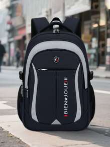 1 pieza Conjunto de mochila casual minimalista de color contrastante, mochila de estilo universitario de poliéster, bolsa de viaje ligera de gran capacidad, correa para el hombro ajustable, forro de poliéster, cierre con cremallera, diseño de múltiples bolsillos, adecuado para la escuela y actividades al aire libre, conjunto de mochila de viaje