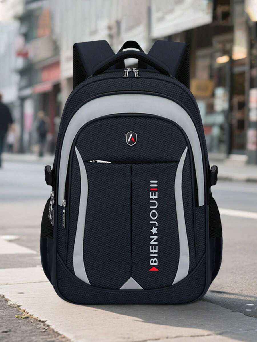 1 pieza Conjunto de mochila casual minimalista de color contrastante, mochila de estilo universitario de poliéster, bolsa de viaje ligera de gran capacidad, correa para el hombro ajustable, forro de poliéster, cierre con cremallera, diseño de múltiples bolsillos, adecuado para la escuela y actividades al aire libre, conjunto de mochila de viaje