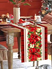 1pc 35*180cm/13.78*70.87inch Christmas Table Runner, Holiday Fabric Decor Tablecloth, Red Bow & Christmas Flower Pattern Long Table Topper, Suitable For Christmas Home Decoration
