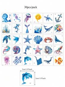 30 片防水卡通纹身贴，鱼、章鱼、水母、鲸鱼、鲨鱼海洋主题图案临时纹身，适合身体艺术，可爱假纹身 - 彩色 - 查看 11