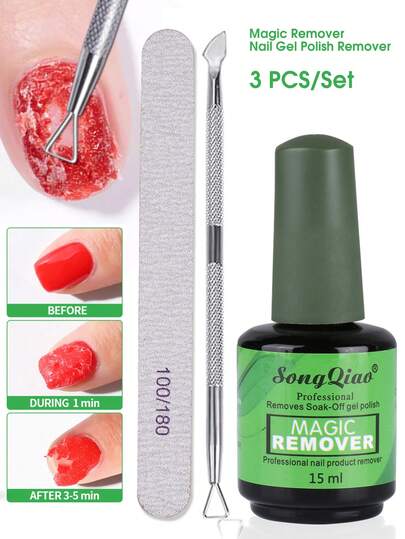 15ml Gel Nail Polish Remover With Double-Sided Cuticle Pusher, Magical Remover Quickly And Easily Removes Gel Nail Polish In 3-5 Minutes, No Foil Soaking Or Wrapping Required