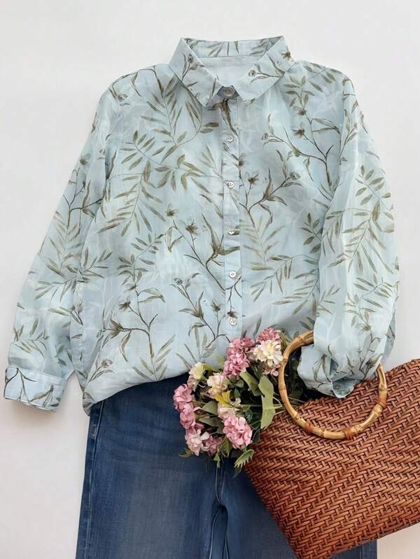 ​Women's Daily Casual Leaf Print All Over Long Sleeve Shirt Fall Fashion Stylish Button Down Collared Blouse​