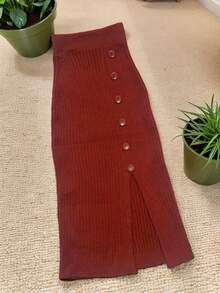 Steve Store Women's Fashion Modal Knit Skirt With Slit And Buttons, Elastic Waist, One Size - Ferrugem Telha - View 3