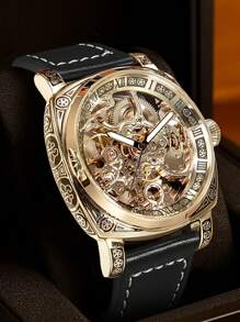 1pc Men's Black Leather Strap Gold Case Vintage Engraved Design Luminous Hollow Tourbillon Automatic Mechanical Watch