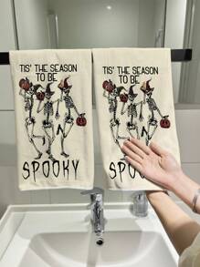 2 件万圣节手巾，带有邪恶南瓜和骷髅设计的手提袋，厨房和餐厅装饰，户外派对用品，适用于万圣节厨房和浴室装饰浴室厨房装饰洗碗布厨房毛巾 - 彩色 - 查看 5