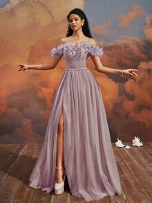 VIPGIRL Đầm dạ hội màu tím oải hương trễ vai, chất liệu voan mỏng, họa tiết hoa 3D, cổ tim, dáng chữ A, xẻ cao, phù hợp cho thanh thiếu niên, phụ nữ, phù dâu, các cuộc thi sắc đẹp, dạ tiệc, khách dự đám cưới. - Bụi hồng - Xem 10