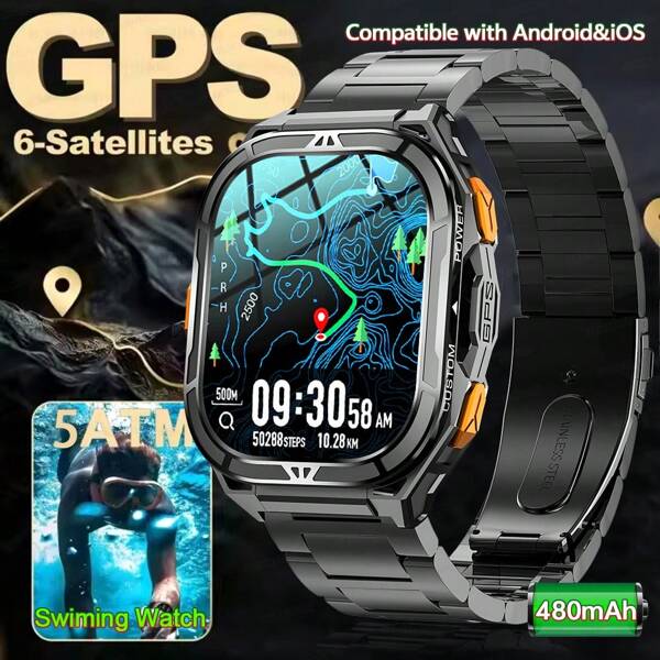 GUHUAVMI 1pc GPS Sports Smart Watch For Men, Built-In GPS Positioning, 1.96inch HD AMOLED Screen, Alloy Body, 480mAh Battery, With Wireless Call/Dial, Info Push, 5ATM Waterproof, Fitness Tracker Watch, Heart Rate/Sleep Monitor Health Clock, Compass/Altitude/Barometer, 100+Sport Modes Smartwatch, Compatible With Android IOS