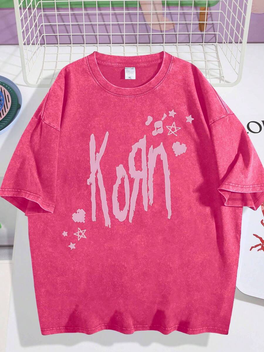 EWH Washed Vintage Rock Band Korn Graphic Print T-Shirt MaleDG004 - Màu Hồng Tươi - Xem 1
