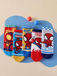 Marvel 5双装儿童短袜，超级英雄卡通透气男童袜 - 彩色 - 查看 2