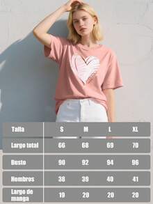 Camiseta gráfica de mujer de manga corta con cuello redondo, de moda con estampado de corazón,Camiseta de Mujer, Manga Corta, Cuello Redondo, Ropa Casual para Primavera y Verano, Blusa Moderna de Moda, para uso diario casual - Rosa - Ver 10