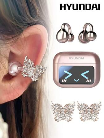  HYUNDAI M100 Fashionable Bluetooth Earphones With Butterfly Earphone Accessories, Clip-On Earphones With Multifunction Colorful Screen, Smart Touch, Long Battery Life, HIFI High-Quality Sound, High-Definition Calls, Noise Cancellation, Music, Gaming, No Piercing Earrings, Fashionable Accessory, Earphones, Gift For Women