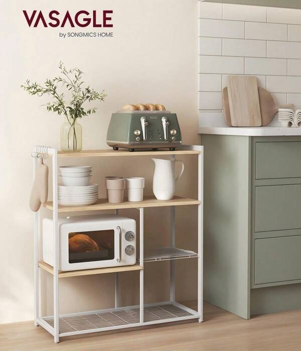 VASAGLE Estantería de Cocina con 2 Cestas de Malla Metálica, Estantería para Microondas, con Estantes y Ganchos, 35 x 80 x 95 cm, Estilo Industrial, Nogal Medio y Blanco