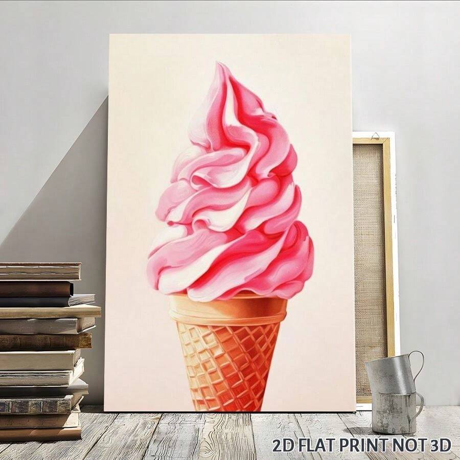 2D Flat, Posters & Prints 1pc Framed Canvas Ice Cream Art Print Pink Ice Cream Decor Food Art Poster Foodie Art Summer Kitchen Art Print Wall Art Canvas Paintings Ideal Gift For Bedroom Living Room Corridor Wall Art Wall Decor Room Decoration 2D - 黑色 - 查看 1