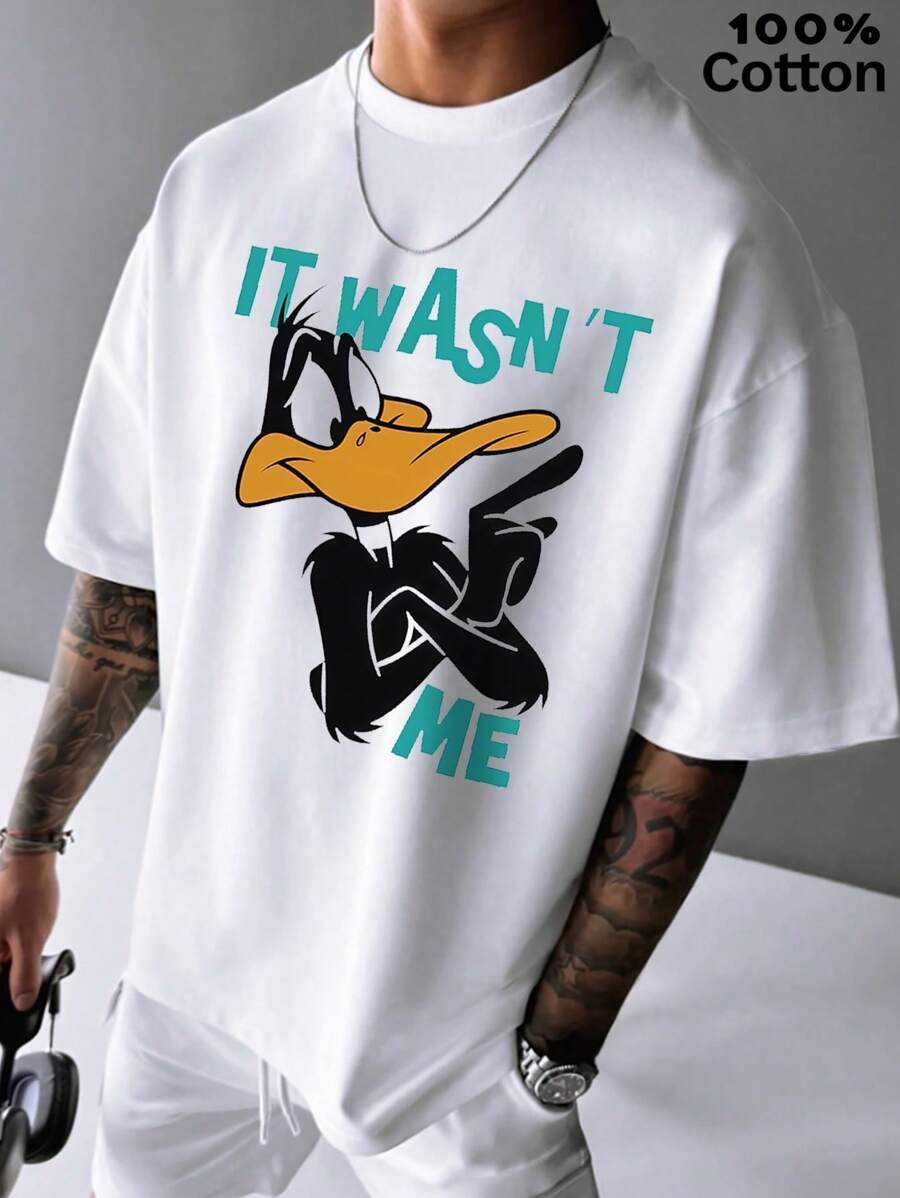 Warner Bros Cool Duck, t-shirt da uomo in cotone a coste, abbigliamento sportivo da uomo in stile college per primavera ed estate, top da donna a maniche corte, morbidi e traspiranti.