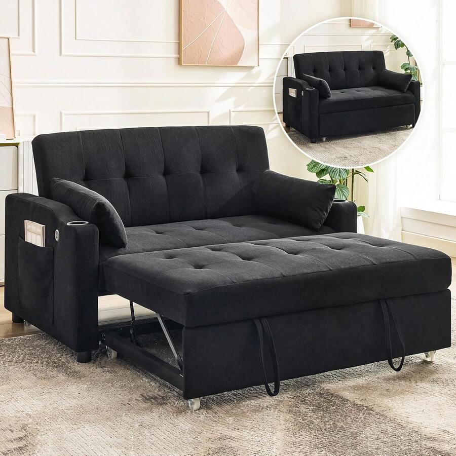 3 In 1 Convertible Sleeper Sofa Bed, Corduroy Futon Couches With Pull-Out Bed, Adjustable Backrest & Side Pockets, Modern Upholstered Sofa For Living Room, Guest Room - 黑色 - 查看 1