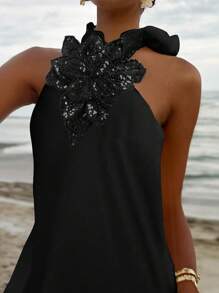 Vestido de satén negro sexy con cuello halter, vestido maxi de satén con bordado floral y espalda descubierta adecuado para vacaciones de verano en la playa, vestido elegante y glamuroso para graduación, regreso a la escuela, vestido de noche para la temporada de bodas, San Valentín, vacaciones en la playa, #VibesDePlayaMarítima #MiradasDeParty #VestidoDeGalán #SexyVestidosNegros