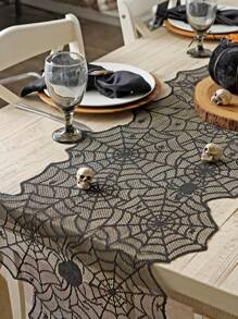 1Pc 18 X 72 Inch Lace Spiderweb Table Runner, Halloween Black Spiderweb Tablecloth, Suitable For Kitchen Table Decoration, Halloween Decoration/Horror Party, Home Decoration, Interior Decoration, Fireplace Decoration Halloween Gift, Perfect Halloween Horror Home Decoration Gift. Room Decor