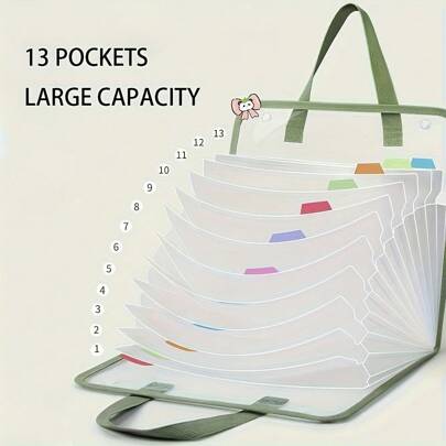 Green Transparent Portable File Bag, 13-Mesh Pocket Storage, A4-Sized Letter Paper, Safe Storage Of Documents And Receipts, Essential For Office And Travel