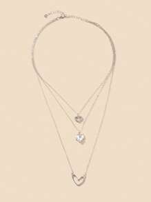 Wis 3 Pieces/ Set Heart Design Shiny Zirconia Inlaid Pendant Necklace Elegant Simple Style Zinc Alloy Jewelry Valentine's Day Gift - Silver - View 2