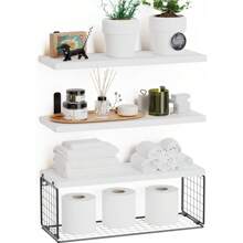 3 piezas Estantería de baño montada en la pared - Organizador de inodoro, Estantería de almacenamiento de papel higiénico de estilo rústico de varios niveles, Estantería de baño resistente al agua con estantes flotantes