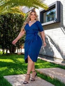 Plus Size Dress Short Sleeve Loose Comfortable Adjustable V Neckline - 藍色 - 查看 2