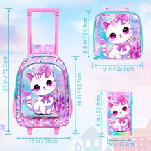 3件套女孩拉杆背包，儿童滚轮书包，带午餐袋的小学生拉杆书包 - 猫咪