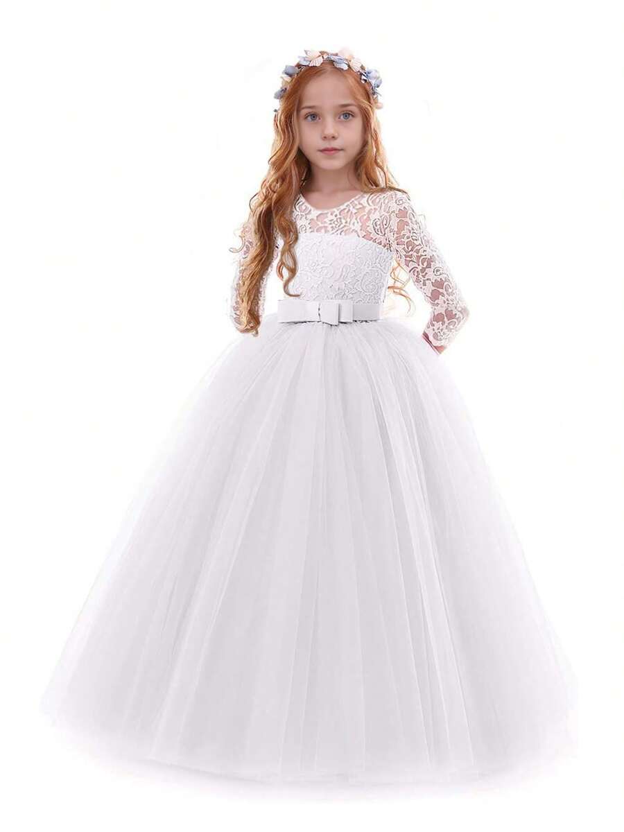 Flower Girls Dress Long Lace Bridesmaid Dress 3/4 Sleeves Floor Length Wedding Party Evening Formal Pegeant Maxi Tulle Ball Gowns - 白色 - 查看 1
