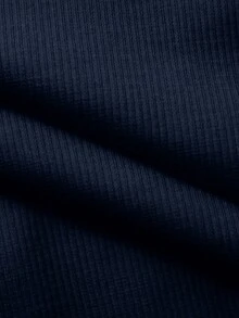 Visible Stitching Slim Fit Knit Top, Minimalist Style Long Sleeve Women's Top, With Elastic Waist Design - Navy Blue - View 8