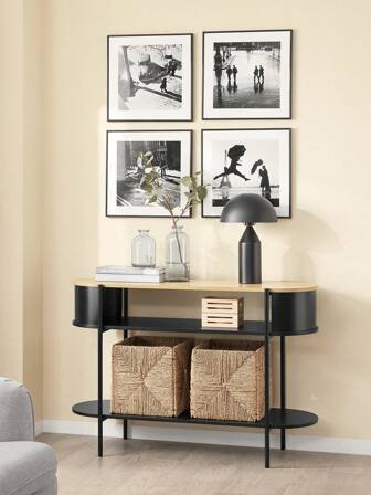 SoBuy Consoletafel van hout en metaal, consoletafel met opbergvakken, industrieel design, console voor entree, gang, woonkamer of kantoor, 110*39*76 cm zwart FSB102-SCH