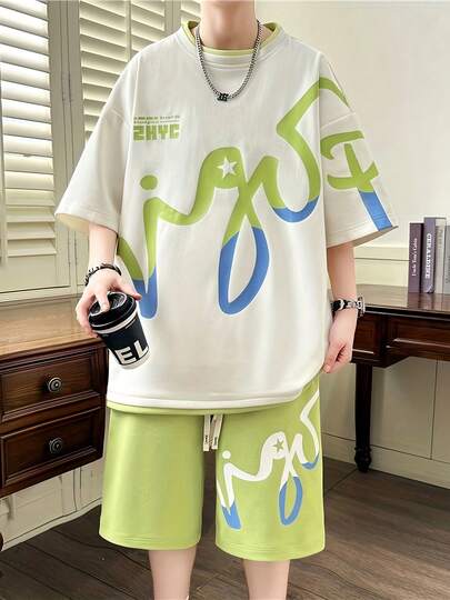 男性の新しい夏のルーズカジュアルユース香港スタイルショートパンツ半袖スーツ