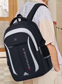 1 pieza Conjunto de mochila casual minimalista de color contrastante, mochila de estilo universitario de poliéster, bolsa de viaje ligera de gran capacidad, correa para el hombro ajustable, forro de poliéster, cierre con cremallera, diseño de múltiples bolsillos, adecuado para la escuela y actividades al aire libre, conjunto de mochila de viaje