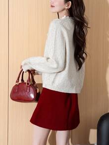 Alicedudu Damen Pullover Cardigan mit Blumen Verzierung am Rundhalsausschnitt, Herbst/Winter