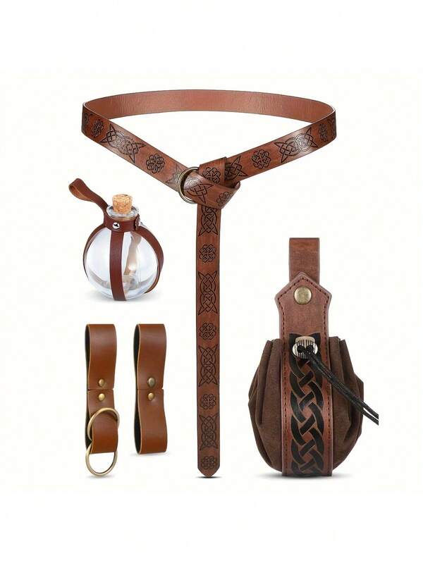 5pcs/Set Renaissance Belt Halloween Medieval Viking Belt Potion Bottles, Faux Leather Belt Pouch Skirt Hikes Mug Holder, Ideal Choice For Gifts, Carnival/Mardi Gras/Masquerade