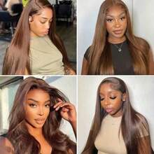 200% 密度棕色直发鲍勃假发 13x4 蕾丝前假发 高清透明蕾丝前假发 人发混合直发假发 预拔婴儿头发 女士无胶假发 巴西前假发 齐肩鲍勃造型，自然造型，短发假发 适合日常佩戴