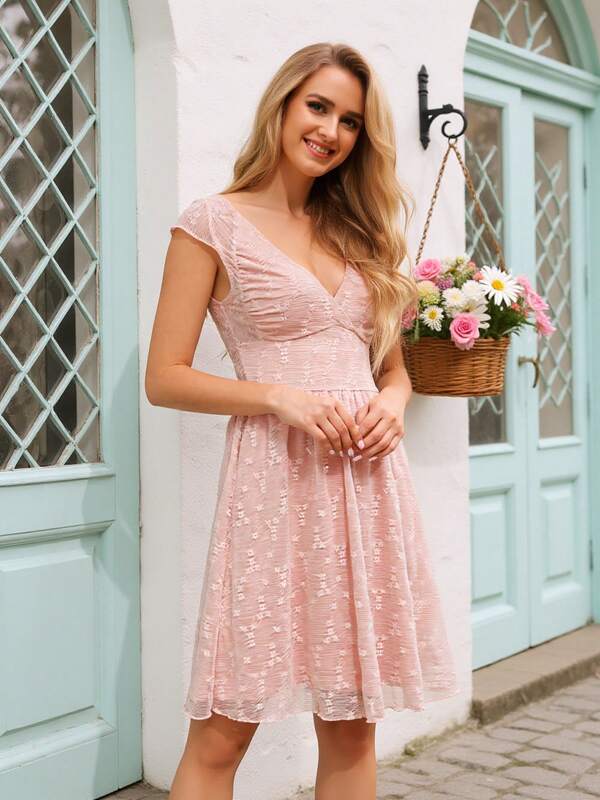 Women's Pink Dress French Lace V-Neck Short Sleeve A-Line Slimming Polka Dot Floral Lightweight Breathable Spring Summer Date Afternoon Tea Party Dress