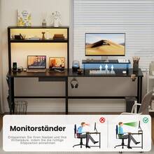 HLONONE Gaming Table with LED, 170 x 100 cm, Gaming Desk, L Shape with 3 Sockets and 2 USB, Reversible Corner Desk, PC Corner Table, Computer Desk with Monitor Stand and Countertop Shelf