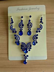 Rhinestone Decor Drop Earrings & Pendant Necklace - Royal Blue - View 6