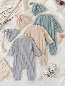 3pcs Baby Boys' Solid Color Cute English Label Button Cardigan, Long Sleeve & Hat Set - Multicolor - View 2