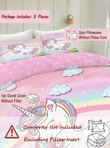 1/3pcs Set, Includes 1 Duvet Cover And 2 Pillow Shams, Duvet Cover Made Of Polyester Fabric, Digital Printed Pattern With Smiling Rainbow Unicorn. Available In Multiple Sizes, Suitable As Holiday Gift For Girls And Children.