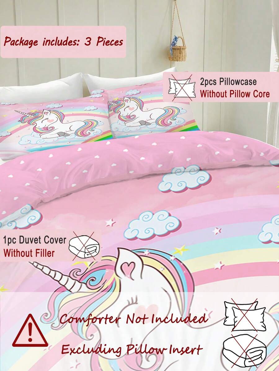 1/3pcs Set, Includes 1 Duvet Cover And 2 Pillow Shams, Duvet Cover Made Of Polyester Fabric, Digital Printed Pattern With Smiling Rainbow Unicorn. Available In Multiple Sizes, Suitable As Holiday Gift For Girls And Children. - Multicolor - View 1