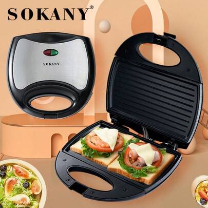  SOKANY KJ-102 Multifunctional Sandwich Maker, Toaster, Breakfast Machine. High Performance, With Indicator Light, 1 Full Plate, Double-Sided Constant Temperature Heating, Non-Stick Coating, Heat-Resistant Handle. Ideal For Homemade Sandwiches, Eggs, Steaks And More.