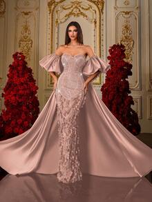 Đầm dạ hội sang trọng kiểu đuôi cá màu xanh ô liu, đính cườm 3D hình cánh hoa, tay phồng, chất liệu satin, thích hợp cho đám cưới, tiệc mùa xuân, không dây vai. - Hồng - Xem 9