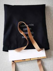 1 件黑色字母印花女士手提包，敞口帆布单肩包，适合学生、大学、高中的简单手提包，可容纳笔记本、文件、旅行