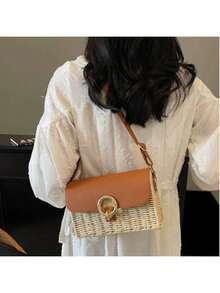 Summer Beach Bag For Seaside Vacation, Woven Women's Box Bag, Small Square Bag, Casual, Versatile, Single Shoulder, Crossbody Bag, Beach Bag (Beige) - 米色 - 查看 4