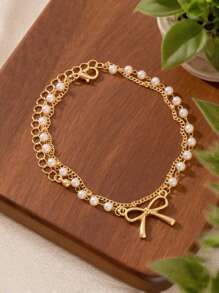 1pc Summer Fashion European & American Minimalist Faux Pearl Heart Double Layer Anklet For Girls, Versatile & Elegant Design (Beads Random)