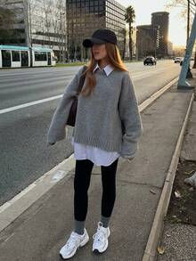 Senya 女士秋冬圆领长袖轻薄针织羊毛衫，侧开衩直袖设计，日常通勤百搭针织套头衫，新年必备 - 灰色 - 查看 3